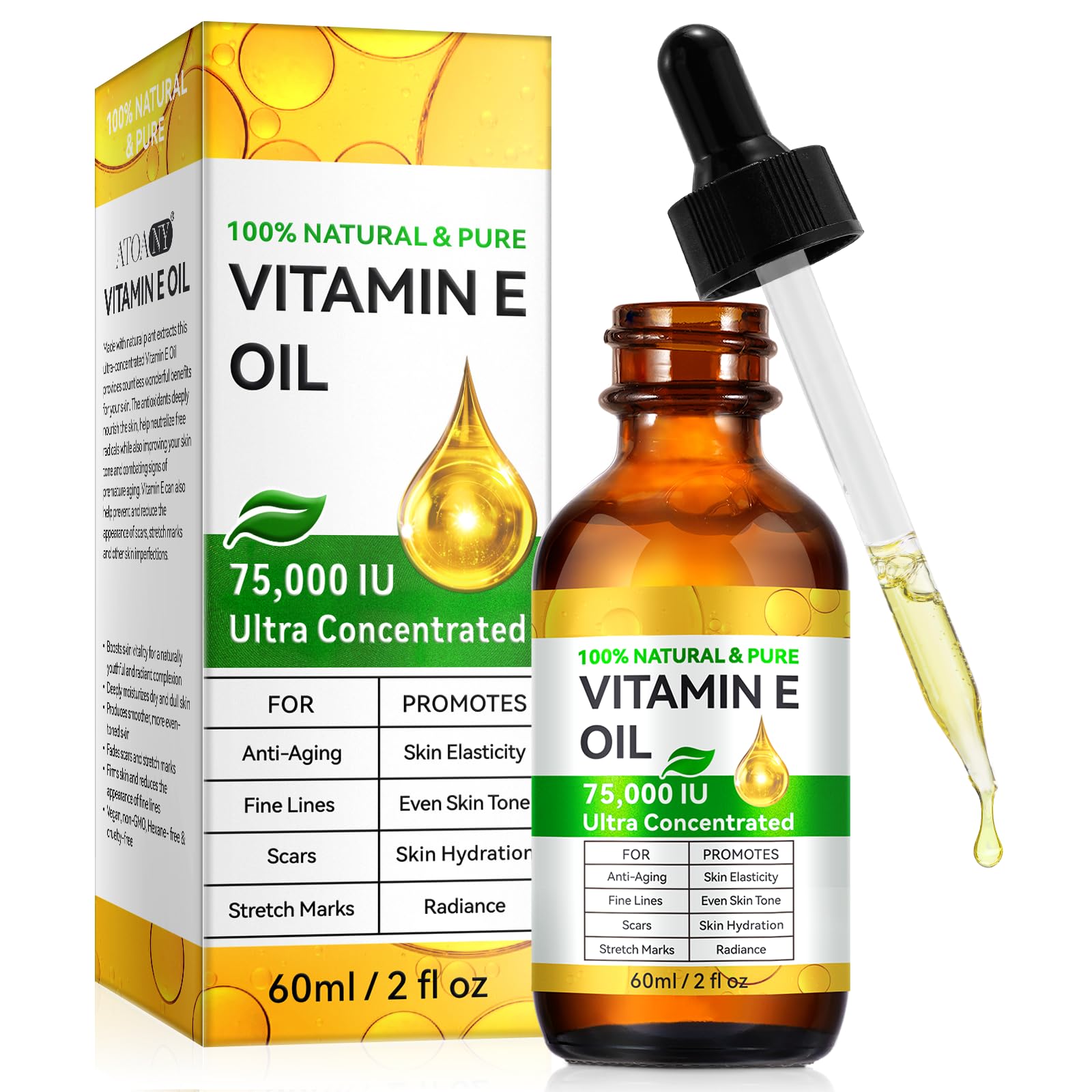 Akeeronn Vitamin E Oil, 75,000 IU Pure Vitamin E Oil for Skin, Organic Moisturizing Body Oil for Skin, Face, Body, Nails and Hair, Youthful-Looking Skin, 2 fl oz